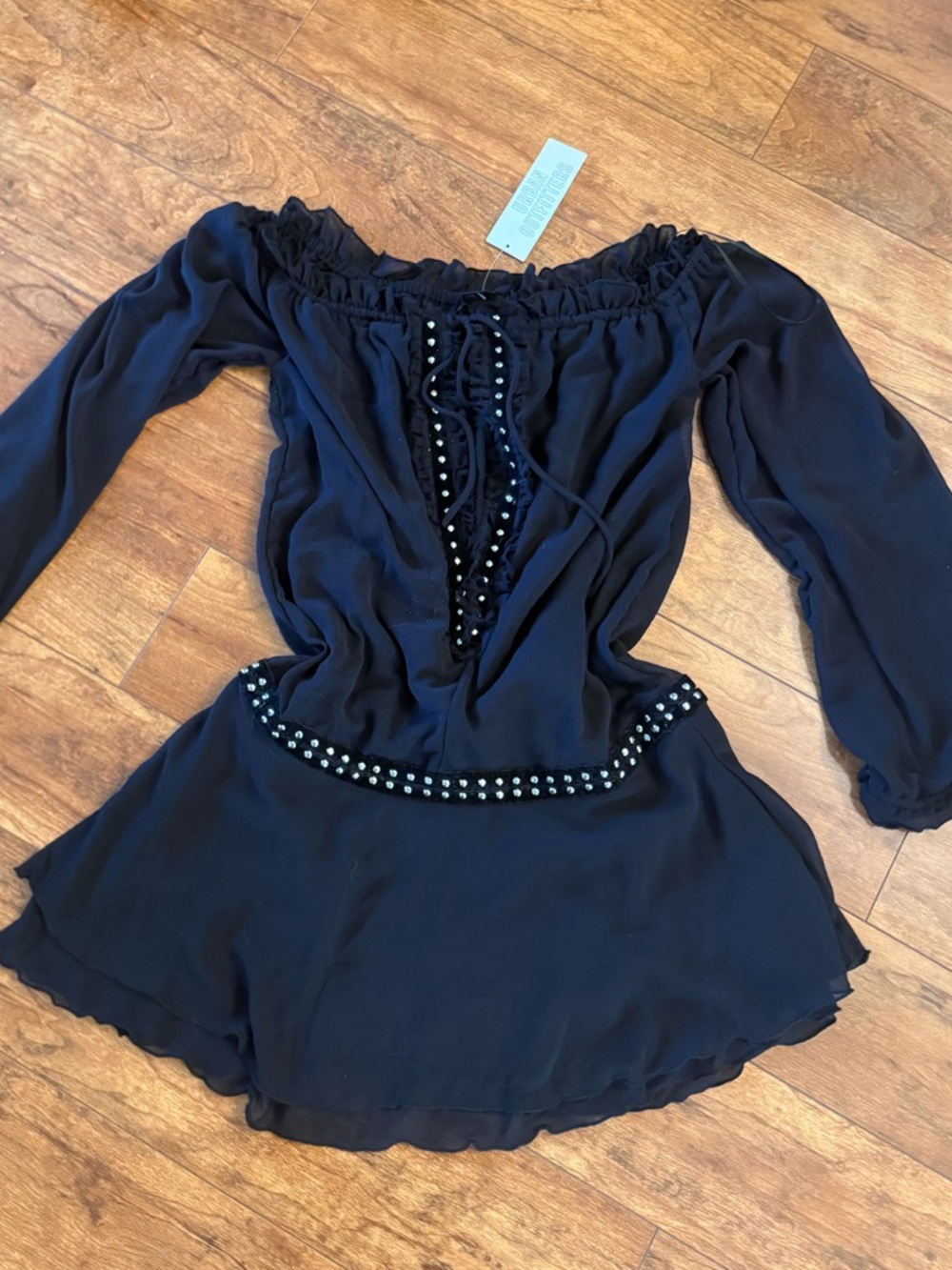 Black Off-Shoulder Studded Waist Romper
